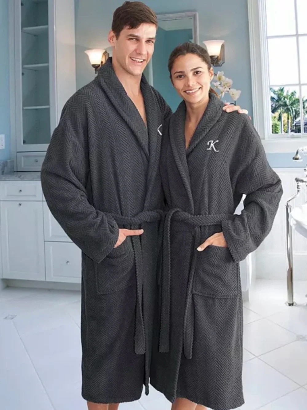 Linum Home 100% Turkish Cotton Personalized Unisex Herringbone Bath Robe S/M